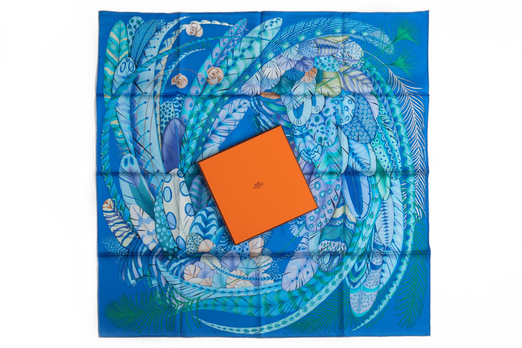 Hermès NIB Turquoise Feather Silk Scarf