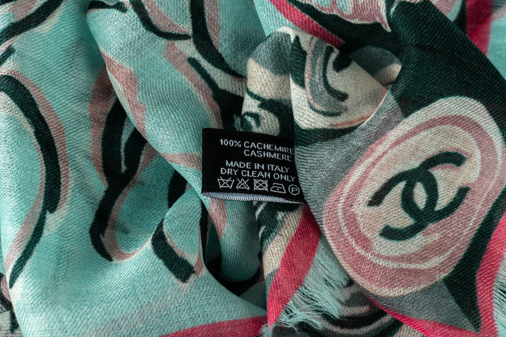 Chanel New Aqua Camellia Cashmere Shawl