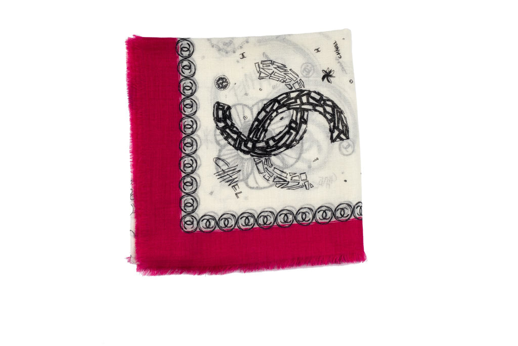 Chanel New White Fuchsia Cashmere Shawl