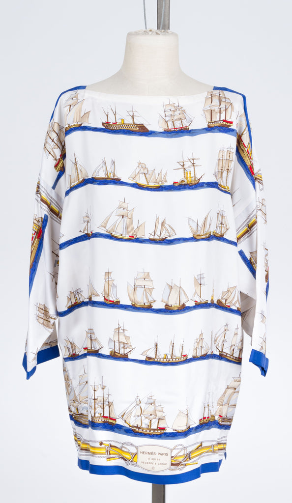 Hermès Vessels Silk Dress White/Blue