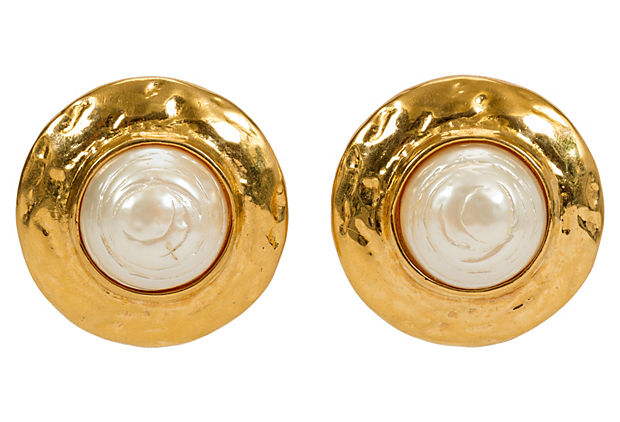 Round YSL Goldtone & Pearl Earrings