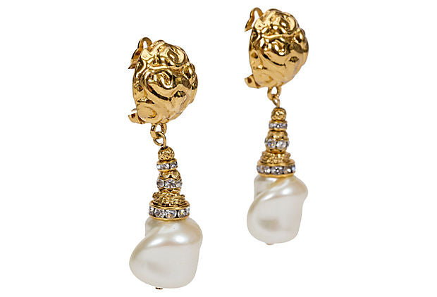 YSL Gold Pearl Drop Earrings