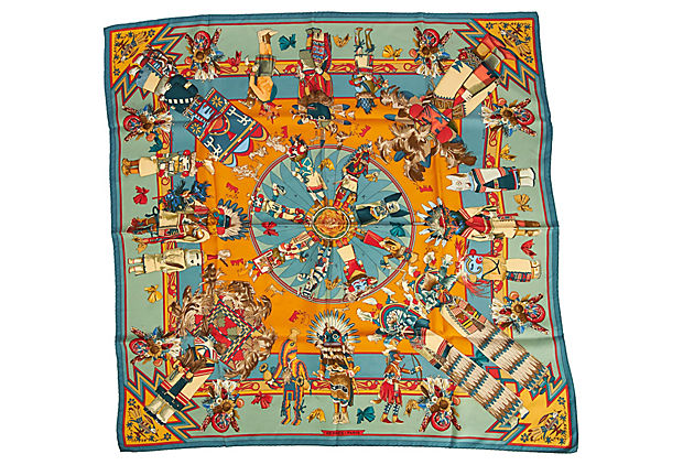Hermès Teal & Orange Silk Kachinas Scarf
