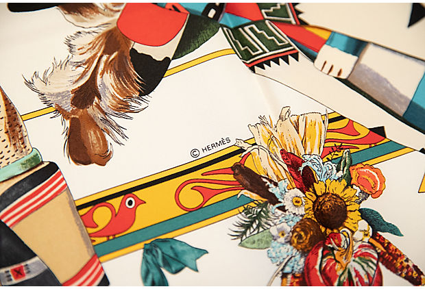 Hermès White & Red Silk Kachinas Scarf