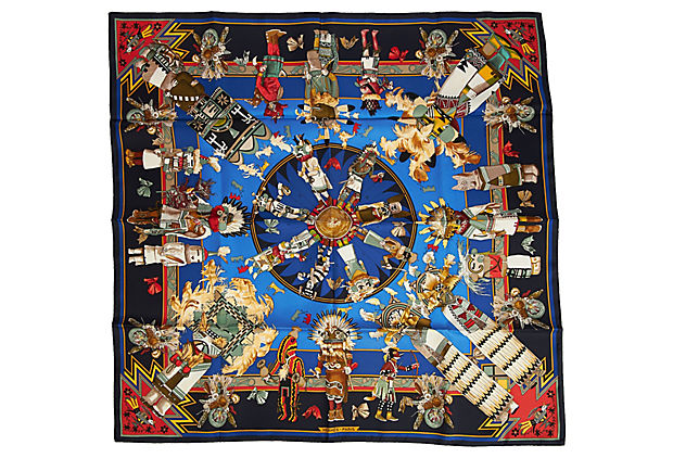 Hermès Navy Silk Kachinas Scarf