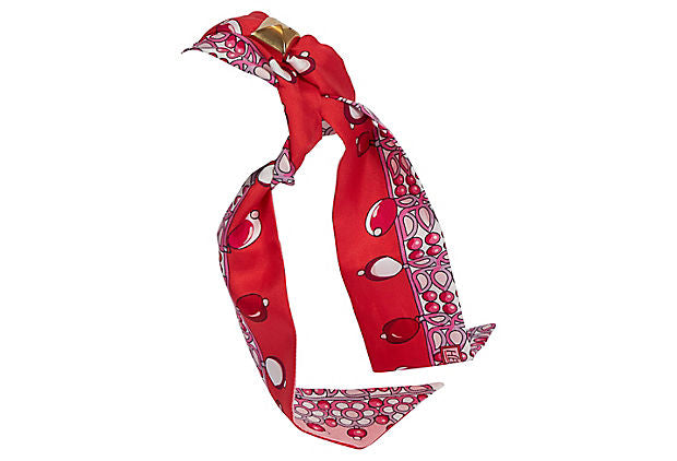 Hermes Red Pink Pearls Silk Twilly Scarf