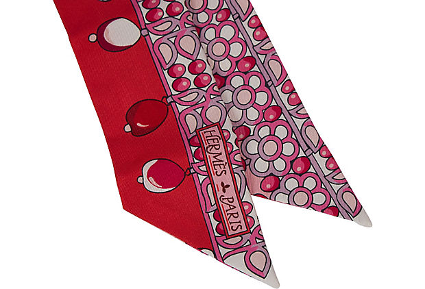 Hermes Red Pink Pearls Silk Twilly Scarf
