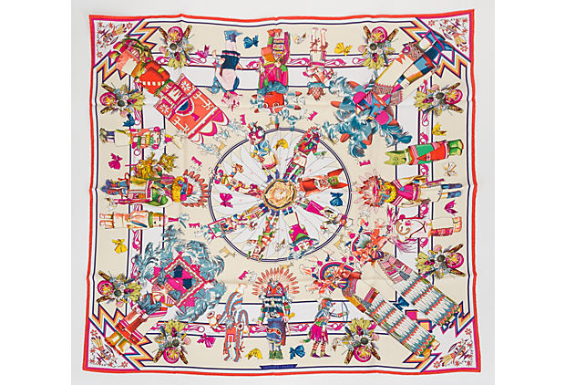 Hermès White Coral Silk Kachinas Scarf