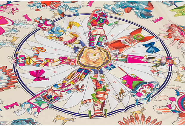 Hermès White Coral Silk Kachinas Scarf