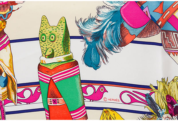 Hermès White Coral Silk Kachinas Scarf