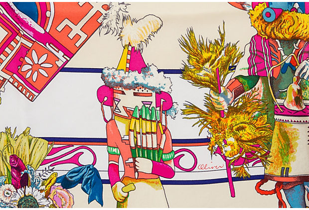Hermès White Coral Silk Kachinas Scarf