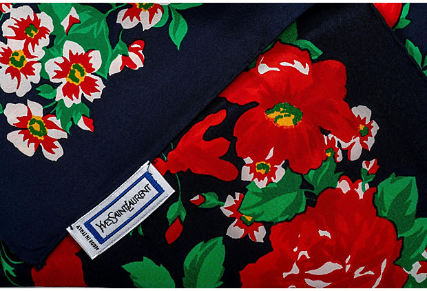 YSL Black & Red Silk Flowers Scarf