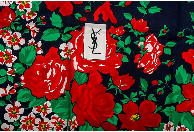 YSL Black & Red Silk Flowers Scarf