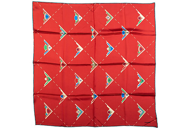 Chanel Geometric Logo Red Silk Scarf