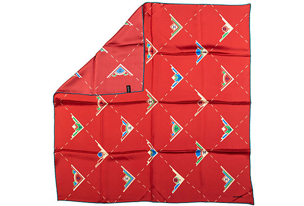 Chanel Geometric Logo Red Silk Scarf