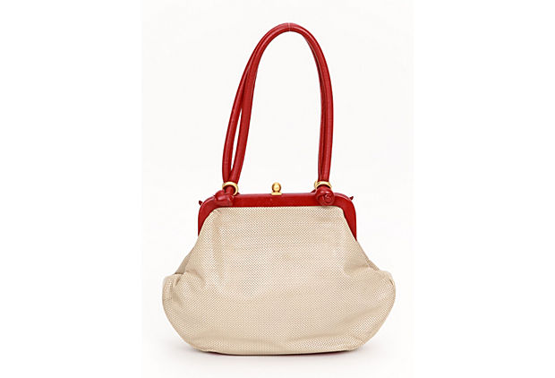 Chanel Beige & Red Perforated Bow Bag