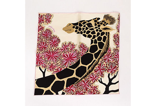 Hermès White Silk Giraffe Gavroche Scarf